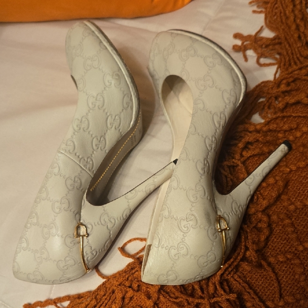 Gucci Cream Heels with Gold Accents